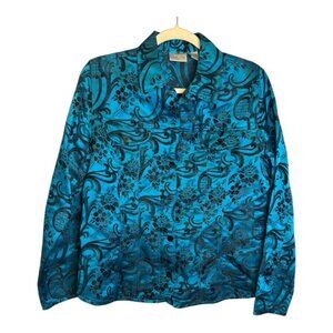 Chico's Jacket Women's Size Medium Silk Blend Floral Blue Black Chicos 1